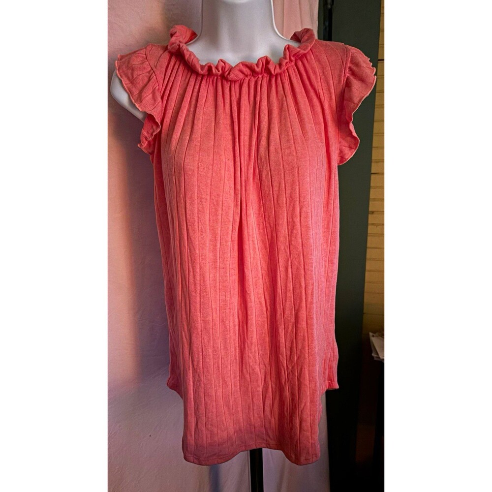 The Roy USA Size M Coral Pink Ruffle Sleeve Ribbed Knit Blouse Top